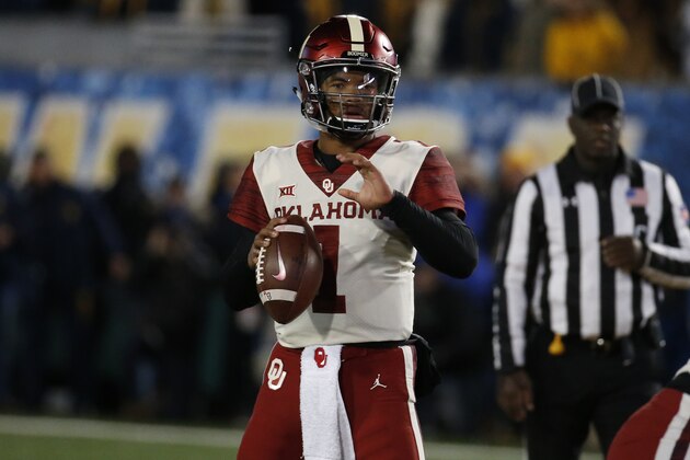 MORGANTOWN, WV - NOVEMBER 23:  Kyler Murray #1 of the Oklahoma Sooners in action against the West Virginia Mountaineers on November 23, 2018 at Mountaineer Field in Morgantown, West Virginia.  (Photo by Justin K. Aller/Getty Images)