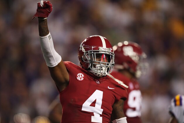 BATON ROUGE, LOUISIANA - NOVEMBER 03: Jerry Jeudy #4 of the Alabama Crimson Tide reacts against the LSU Tigers in the second quarter of their game at Tiger Stadium on November 03, 2018 in Baton Rouge, Louisiana. (Photo by Gregory Shamus/Getty Images)