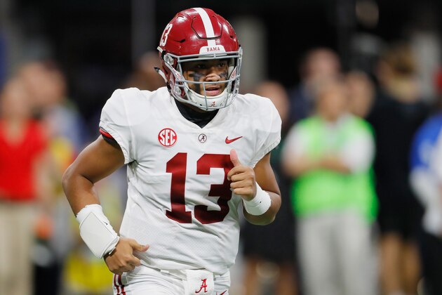 ATLANTA, GA - DECEMBER 01:  Tua Tagovailoa #13 of the Alabama Crimson Tide reacts in the first half against the Georgia Bulldogs during the 2018 SEC Championship Game at Mercedes-Benz Stadium on December 1, 2018 in Atlanta, Georgia.  (Photo by Kevin C. Cox/Getty Images)