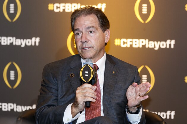 ATLANTA, GA - December 6: Alabama Head Coach Nick Saban speaks at the College Football Playoff Semifinal Head Coaches News Conference on December 6, 2018 in Atlanta, Georgia. (Photo by Todd Kirkland/Getty Images)