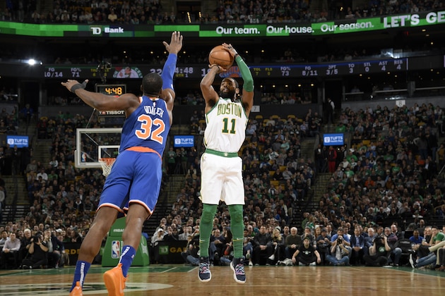 BOSTON, MA - DECEMBER 6: Kyrie Irving #11 of the Boston Celtics shoots the ball against the New York Knicks on December 6, 2018 at the TD Garden in Boston, Massachusetts. NOTE TO USER: User expressly acknowledges and agrees that, by downloading and/or using this photograph, user is consenting to the terms and conditions of the Getty Images License Agreement. Mandatory Copyright Notice: Copyright 2018 NBAE  (Photo by Brian Babineau/NBAE via Getty Images)