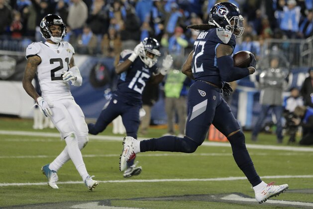 Tennessee Titans running back Derrick Henry (22) runs into the end zone for a touchdown against the Jacksonville Jaguars during the second half of an NFL football game, Thursday, Dec. 6, 2018, in Nashville, Tenn. (AP Photo/James Kenney)