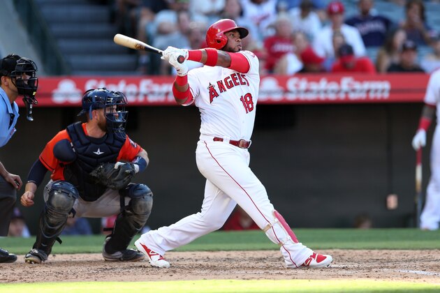 ANAHEIM, CA - JULY 21:  Luis Valbuena #18 of the Los Angeles Angels bats during the game against the Houston Astros at Angel Stadium on July 21, 2018 in Anaheim, California.  The Astros defeated the Angels 7-0.  (Photo by Rob Leiter/MLB Photos via Getty Images)