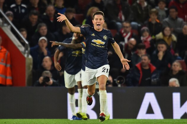 Manchester United's Spanish midfielder Ander Herrera celebrates scoring their second goal to equalise 2-2 during the English Premier League football match between Southampton and Manchester United at St Mary's Stadium in Southampton, southern England on December 1, 2018. (Photo by Glyn KIRK / AFP) / RESTRICTED TO EDITORIAL USE. No use with unauthorized audio, video, data, fixture lists, club/league logos or 'live' services. Online in-match use limited to 120 images. An additional 40 images may be used in extra time. No video emulation. Social media in-match use limited to 120 images. An additional 40 images may be used in extra time. No use in betting publications, games or single club/league/player publications. /         (Photo credit should read GLYN KIRK/AFP/Getty Images)