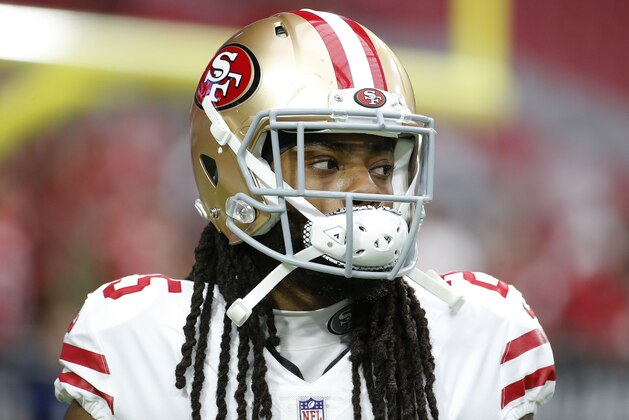 San Francisco 49ers cornerback Richard Sherman (25) warms up prior to an NFL football game against the Arizona Cardinals, Sunday, Oct. 28, 2018, in Glendale, Ariz. (AP Photo/Rick Scuteri)