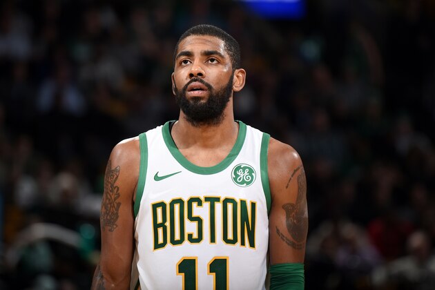 BOSTON, MA - DECEMBER 6: Kyrie Irving #11 of the Boston Celtics looks on during the game against the New York Knicks on December 6, 2018 at the TD Garden in Boston, Massachusetts. NOTE TO USER: User expressly acknowledges and agrees that, by downloading and/or using this photograph, user is consenting to the terms and conditions of the Getty Images License Agreement. Mandatory Copyright Notice: Copyright 2018 NBAE  (Photo by Brian Babineau/NBAE via Getty Images)