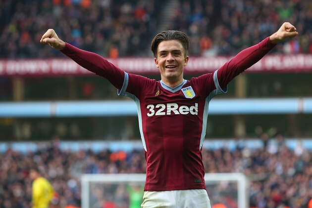 BIRMINGHAM, ENGLAND - NOVEMBER 25:  Jack Grealish of Aston Villa celebrates towards his supporters after the fourth goal is scored by Alan Hutton during the Sky Bet Championship match between Aston Villa and Birmingham City at Villa Park on November 25, 2018 in Birmingham, England.  (Photo by Alex Livesey - Danehouse/Getty Images)