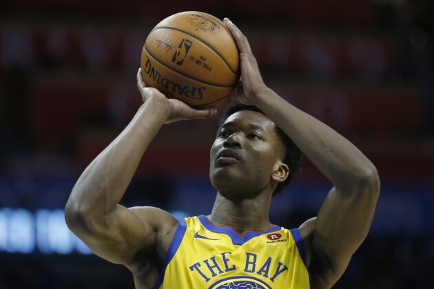 Golden State Warriors center Damian Jones during an NBA basketball game between the Golden State Warriors and the Oklahoma City Thunder in Oklahoma City, Tuesday, April 3, 2018. (AP Photo/Sue Ogrocki)