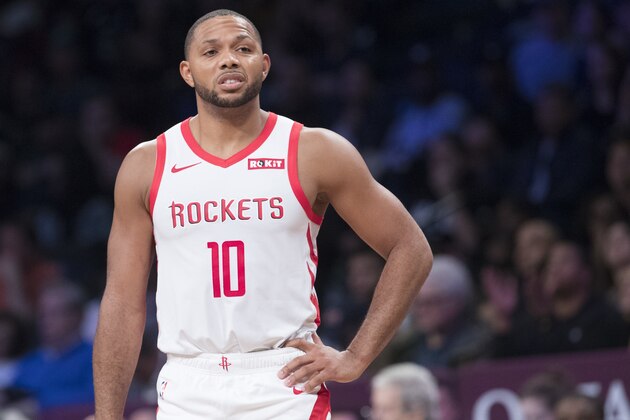 Houston Rockets guard Eric Gordon pauses on the court during the second half of an NBA basketball game against the Brooklyn Nets, Friday, Nov. 2, 2018, in New York. The Rockets won 119-111. (AP Photo/Mary Altaffer)
