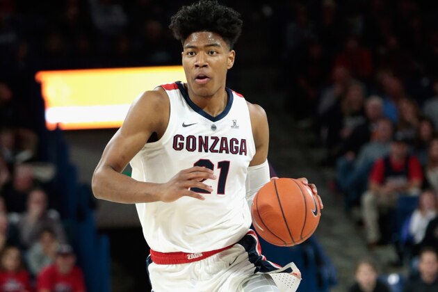 SPOKANE, WA - NOVEMBER 01:  Rui Hachimura #21 of the Gonzaga Bulldogs drives against the Central Washington Wildcats in the game at McCarthey Athletic Center on November 1, 2018 in Spokane, Washington.  (Photo by William Mancebo/Getty Images)