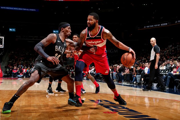 WASHINGTON, DC -  DECEMBER 1: Markieff Morris #5 of the Washington Wizards handles the ball against the Brooklyn Nets on December 1, 2018 at Capital One Arena in Washington, DC. NOTE TO USER: User expressly acknowledges and agrees that, by downloading and or using this Photograph, user is consenting to the terms and conditions of the Getty Images License Agreement. Mandatory Copyright Notice: Copyright 2018 NBAE (Photo by Ned Dishman/NBAE via Getty Images)