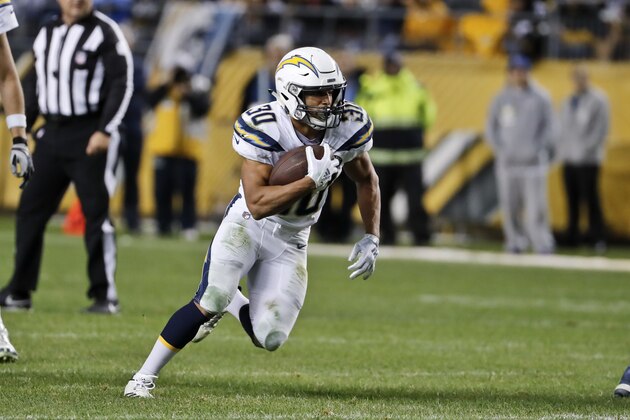Los Angeles Chargers running back Austin Ekeler (30) plays against the Pittsburgh Steelers during an NFL football game, Sunday, Dec. 2, 2018, in Pittsburgh. (AP Photo/Gene J. Puskar)