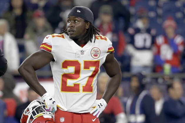 Kansas City Chiefs running back Kareem Hunt warms up before an NFL football game against the New England Patriots, Sunday, Oct. 14, 2018, in Foxborough, Mass. (AP Photo/Steven Senne)