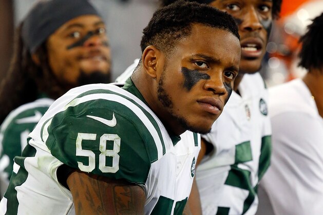 NASHVILLE, TN - DECEMBER 02: Inside Linebacker Darron Lee #58 of the New York Jets watches from the sideline during a game against the Tennessee Titans at Nissan Stadium on December 2, 2018 in Nashville, Tennessee.  (Photo by Frederick Breedon/Getty Images)