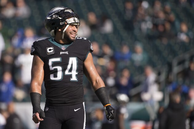 PHILADELPHIA, PA - NOVEMBER 25: Kamu Grugier-Hill #54 of the Philadelphia Eagles smiles prior to the game against the New York Giants at Lincoln Financial Field on November 25, 2018 in Philadelphia, Pennsylvania. (Photo by Mitchell Leff/Getty Images)