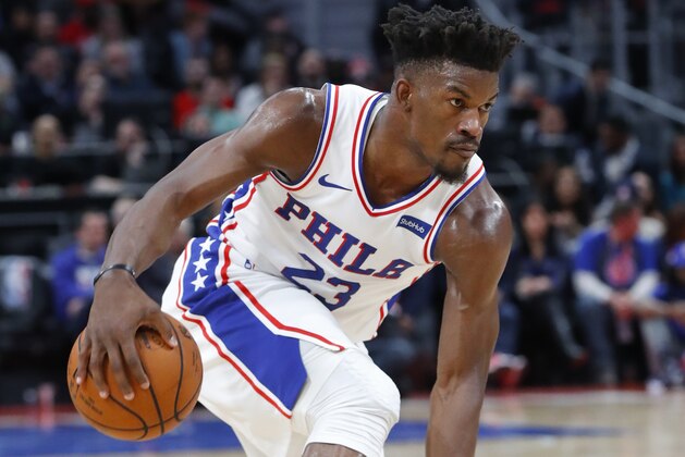 Philadelphia 76ers guard Jimmy Butler plays against the Detroit Pistons in the second half of an NBA basketball game in Detroit, Friday, Dec. 7, 2018. (AP Photo/Paul Sancya)