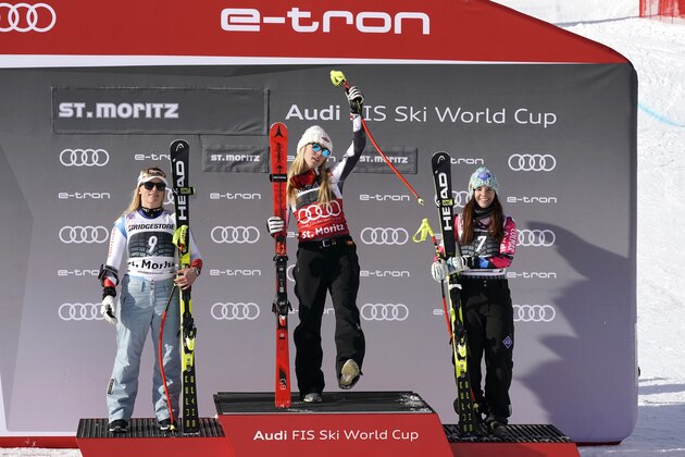 ST MORITZ, SWITZERLAND - DECEMBER 8: Mikaela Shiffrin of USA takes 1st place, Lara Gut of Switzerland takes 2nd place, Tina Weirather of Liechtenstein takes 3rd place during the Audi FIS Alpine Ski World Cup Women's Super G on December 8, 2018 in St Moritz Switzerland. (Photo by Francis Bompard/Agence Zoom/Getty Images)