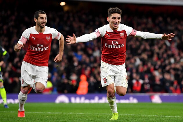 LONDON, ENGLAND - DECEMBER 08:  Lucas Torreira of Arsenal celebrates after scoring his team's first goal during the Premier League match between Arsenal FC and Huddersfield Town at Emirates Stadium on December 8, 2018 in London, United Kingdom.  (Photo by Justin Setterfield/Getty Images)