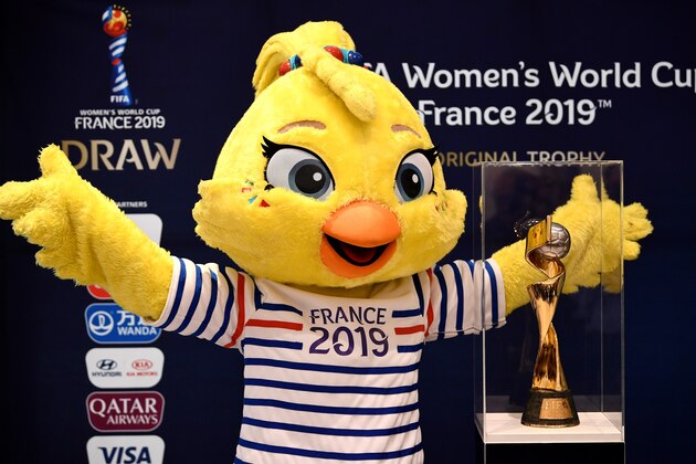 Ettie, the mascot of the 2019 FIFA Womens World Cup is presented next to the competition's trophy  on December 7, 2018 in Boulogne-Billancourt, near Paris. (Photo by FRANCK FIFE / AFP)        (Photo credit should read FRANCK FIFE/AFP/Getty Images)