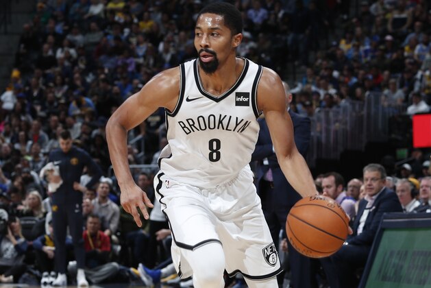 Brooklyn Nets guard Spencer Dinwiddie (8) in the second half of an NBA basketball game Friday, Nov. 9, 2018, in Denver. The Nets won 112-110. (AP Photo/David Zalubowski)