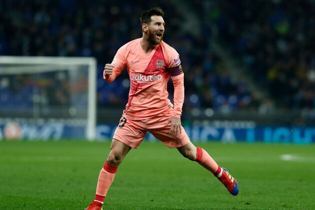 Barcelona's Argentinian forward Lionel Messi celebrates after scoring during the Spanish league football match RCD Espanyol against FC Barcelona at the RCDE Stadium in Cornella de Llobregat on December 8, 2018. (Photo by Pau Barrena / AFP)        (Photo credit should read PAU BARRENA/AFP/Getty Images)