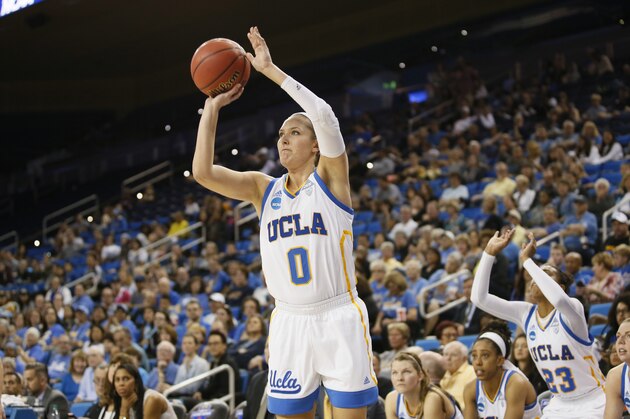 UCLA guard Nicole Kornet shoots a three pointer against Boise State during the second half of a first-round game in the NCAA women's college basketball tournament, Saturday, March 18, 2017, in Los Angeles. UCLA won 83-56. (AP Photo/Danny Moloshok)