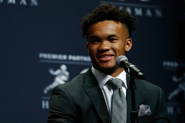 NEW YORK, NY - DECEMBER 08:  Kyler Murray of Oklahoma speaks at the press conference for the 2018 Heisman Trophy Presentationon December 8, 2018 in New York City.  (Photo by Mike Stobe/Getty Images)