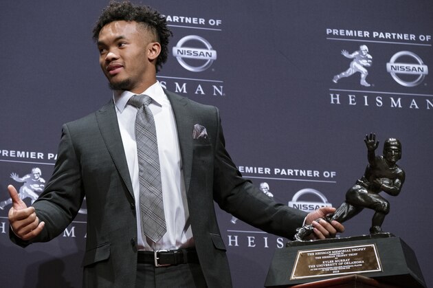 Oklahoma quarterback Kyler Murray holds the Hesiman Trophy after winning the award Saturday, Dec. 8, 2018, in New York. (AP Photo/Craig Ruttle)