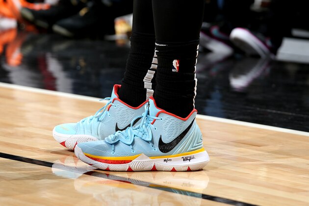 CHICAGO, IL - DECEMBER 8: The sneakers worn by Kyrie Irving #11 of the Boston Celtics against the Chicago Bulls on December 8, 2018 at the United Center in Chicago, Illinois. NOTE TO USER: User expressly acknowledges and agrees that, by downloading and or using this photograph, user is consenting to the terms and conditions of the Getty Images License Agreement. Mandatory Copyright Notice: Copyright 2018 NBAE (Photo by Gary Dineen/NBAE via Getty Images)