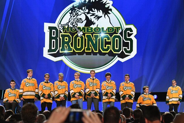 LAS VEGAS, NV - JUNE 20:  Members of the Humboldt Broncos junior hockey league team stand onstage during the 2018 NHL Awards presented by Hulu at The Joint inside the Hard Rock Hotel & Casino on June 20, 2018 in Las Vegas, Nevada.  (Photo by Ethan Miller/Getty Images)