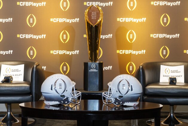 ATLANTA, GA - December 6: The National Championship trophy is displayed prior to the College Football Playoff Semifinal Head Coaches News Conference on December 6, 2018 in Atlanta, Georgia. (Photo by Todd Kirkland/Getty Images)