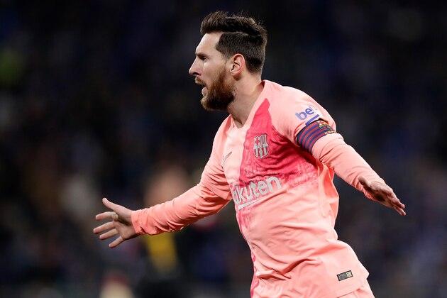 CORNELLA, SPAIN - DECEMBER 8: Lionel Messi of FC Barcelona celebrates during the La Liga Santander  match between Espanyol v FC Barcelona at the RCDE Stadium on December 8, 2018 in Cornella Spain (Photo by Jeroen Meuwsen/Soccrates/Getty Images)