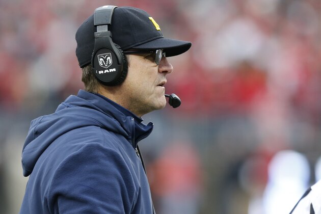 Michigan head coach Jim Harbaugh watches his team from the sidelines during the first half of their an NCAA college football game against Ohio State, Saturday, Nov. 24, 2018, in Columbus, Ohio. (AP Photo/Jay LaPrete)