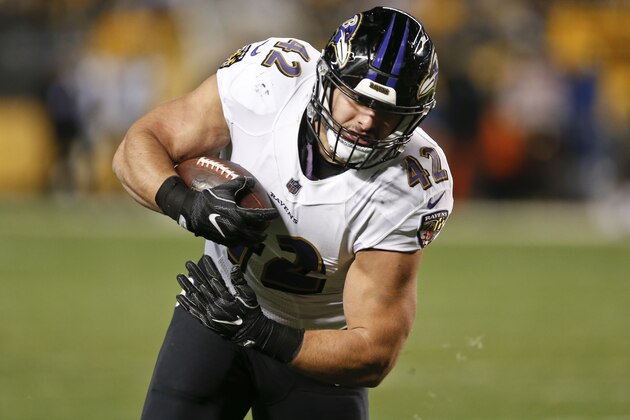 Baltimore Ravens fullback Patrick Ricard (42) runs for a touchdown in an NFL football game against the Pittsburgh Steelers, Sunday, Dec. 10, 2017, in Pittsburgh. (AP Photo/Keith Srakocic)