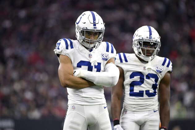 Indianapolis Colts cornerback Quincy Wilson (31) and cornerback Kenny Moore (23) wait for a play to start against the Houston Texans during the second half of an NFL football game Sunday, Dec. 9, 2018, in Houston. (AP Photo/Eric Christian Smith)