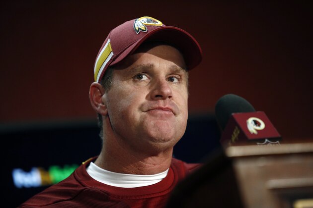 Washington Redskins head coach Jay Gruden listens to a question during a news conference after an NFL football game against the New York Giants, Sunday, Dec. 9, 2018, in Landover, Md. The Giants won 40-16. (AP Photo/Patrick Semansky)