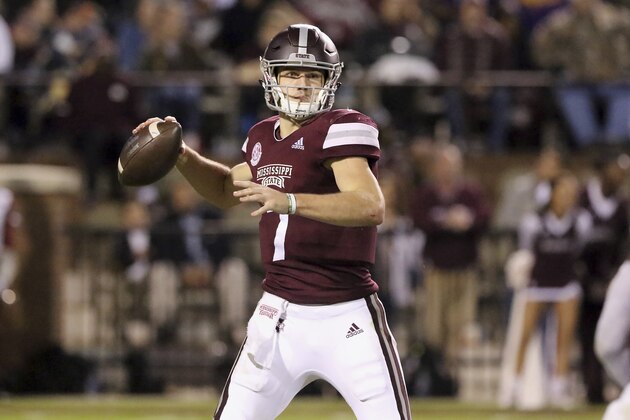Mississippi State quarterback Nick Fitzgerald (7) prepares to pass during the first half of their NCAA college football game against Louisiana Tech on Saturday, Nov. 3, 2018, in Starkville, Miss. (AP Photo/Jim Lytle)