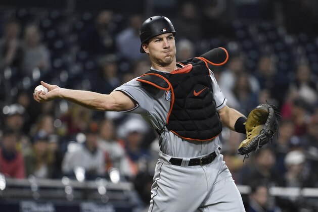 SAN DIEGO, CA - MAY 29: J.T. Realmuto #11 of the Miami Marlins plays during a baseball game against the San Diego Padres at PETCO Park on May 29, 2018 in San Diego, California. (Photo by Denis Poroy/Getty Images)