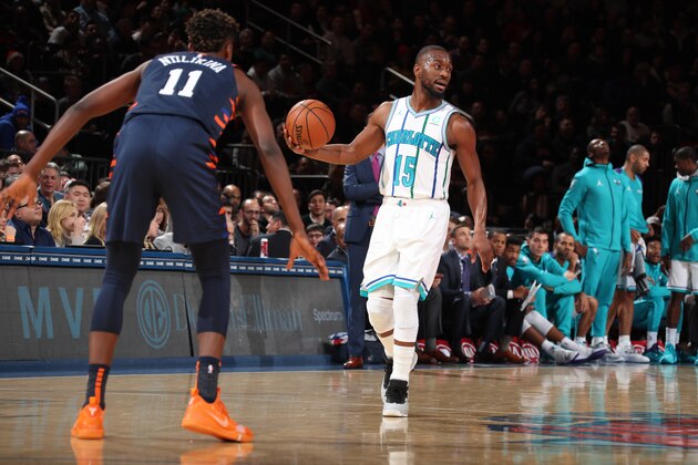 NEW YORK, NY - DECEMBER 9: Kemba Walker #15 of the Charlotte Hornets handles the ball against the New York Knicks on December 9, 2018 at Madison Square Garden in New York City, New York. NOTE TO USER: User expressly acknowledges and agrees that, by downloading and or using this photograph, User is consenting to the terms and conditions of the Getty Images License Agreement. Mandatory Copyright Notice: Copyright 2018 NBAE (Photo by Nathaniel S. Butler/NBAE via Getty Images) NEW YORK, NY - DECEMBER 9: Kemba Walker #15 of the Charlotte Hornets handles the ball against the New York Knicks on December 9, 2018 at Madison Square Garden in New York City, New York. NOTE TO USER: User expressly acknowledges and agrees that, by downloading and or using this photograph, User is consenting to the terms and conditions of the Getty Images License Agreement. Mandatory Copyright Notice: Copyright 2018 NBAE (Photo by Nathaniel S. Butler/NBAE via Getty Images)