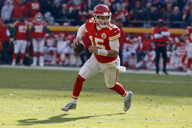 Kansas City Chiefs quarterback Patrick Mahomes (15) scrambles during the first half of an NFL football game against the Baltimore Ravens in Kansas City, Mo., Sunday, Dec. 9, 2018. (AP Photo/Charlie Riedel) Kansas City Chiefs quarterback Patrick Mahomes (15) scrambles during the first half of an NFL football game against the Baltimore Ravens in Kansas City, Mo., Sunday, Dec. 9, 2018. (AP Photo/Charlie Riedel)