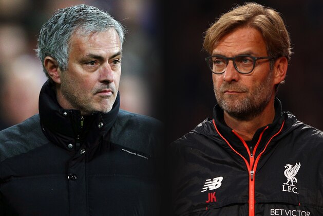 FILE PHOTO (EDITORS NOTE: GRADIENT ADDED - COMPOSITE OF TWO IMAGES - Image numbers (L) 630799888 and 619016290) In this composite image a comparison has been made between Jose Mourinho, Manager of Manchester United (L) and Jurgen Klopp, Manager of Liverpool. Manchester United and Liverpool meet in a Premier League match on March 10,2018 at Old Trafford in Manchester.   ***LEFT IMAGE*** STRATFORD, ENGLAND - JANUARY 02: Jose Mourinho, Manager of Manchester United looks on during the Premier League match between West Ham United and Manchester United at London Stadium on January 2, 2017 in Stratford, England. (Photo by Ian Walton/Getty Images) ***RIGHT IMAGE*** LONDON, ENGLAND - OCTOBER 29: Jurgen Klopp, Manager of Liverpool looks on during the Premier League match between Crystal Palace and Liverpool at Selhurst Park on October 29, 2016 in London, England. (Photo by Ian Walton/Getty Images)