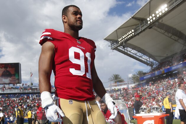 CARSON, CA - SEPTEMBER 30: Arik Armstead #91 of the San Francisco 49ers stands on the sideline during the game against the Los Angeles Chargers at StubHub Center on September 30, 2018 in Carson, California. The Chargers defeated the 49ers 29-27. (Photo by Michael Zagaris/San Francisco 49ers/Getty Images)
