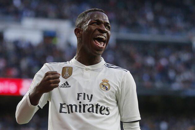 Real Madrid's Vinicius Junior celebrates after scoring his side's1st goal during a Spanish La Liga soccer match between Real Madrid and Valladolid at the Santiago Bernabeu stadium in Madrid, Spain, Saturday, Nov. 3, 2018. (AP Photo/Paul White)