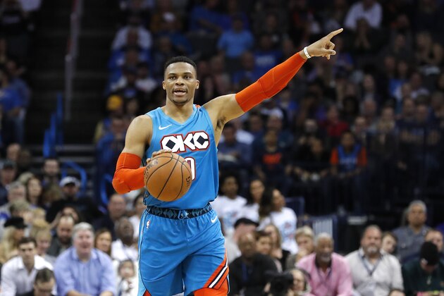 Oklahoma City Thunder guard Russell Westbrook (0) dribbles the ball down the court against the Atlanta Hawks during the second half of an NBA basketball game in Oklahoma City, Friday, Nov. 30, 2018. Oklahoma City won 124-109. (AP Photo/Alonzo Adams)
