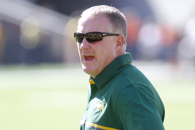 IOWA CITY, IOWA- SEPTEMBER 17:  Head coach Chris Klieman of the North Dakota State Bisons watches his players warm-up before the match-up against the Iowa Hawkeyes on September 17, 2016 at Kinnick Stadium in Iowa City, Iowa.  (Photo by Matthew Holst/Getty Images)