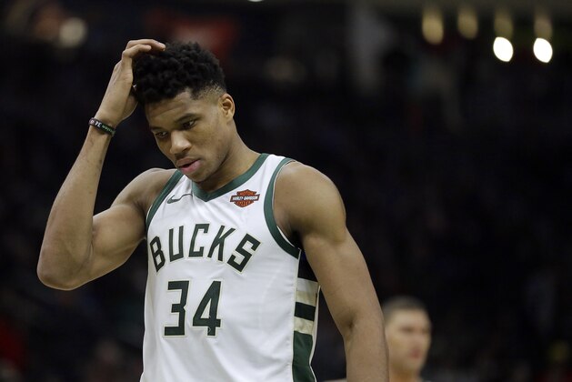 Milwaukee Bucks' Giannis Antetokounmpo during the first half of an NBA basketball game against the Detroit Pistons Wednesday, Dec. 5, 2018, in Milwaukee. (AP Photo/Aaron Gash)