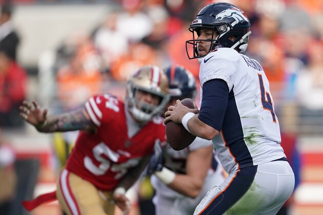 SANTA CLARA, CA - DECEMBER 09: Case Keenum #4 of the Denver Broncos looks to pass against the San Francisco 49ers during their NFL game at Levi's Stadium on December 9, 2018 in Santa Clara, California. (Photo by Robert Reiners/Getty Images)