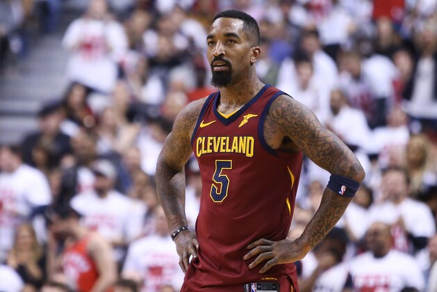 TORONTO, ON - MAY 01:  J.R. Smith #5 of the Cleveland Cavaliers looks on in the second half of Game One of the Eastern Conference Semifinals against the Toronto Raptors during the 2018 NBA Playoffs at Air Canada Centre on May 1, 2018 in Toronto, Canada.  NOTE TO USER: User expressly acknowledges and agrees that, by downloading and or using this photograph, User is consenting to the terms and conditions of the Getty Images License Agreement.  (Photo by Vaughn Ridley/Getty Images)