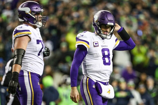 SEATTLE, WA - DECEMBER 10: Kirk Cousins #8 of the Minnesota Vikings walks off the field after an incomplete pass on 4th down in the fourth quarter against the Seattle Seahawks at CenturyLink Field on December 10, 2018 in Seattle, Washington. (Photo by Abbie Parr/Getty Images)
