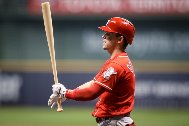 MILWAUKEE, WI - SEPTEMBER 19:  Scooter Gennett #3 of the Cincinnati Reds bats in the second inning against the Milwaukee Brewers at Miller Park on September 19, 2018 in Milwaukee, Wisconsin. (Photo by Dylan Buell/Getty Images)